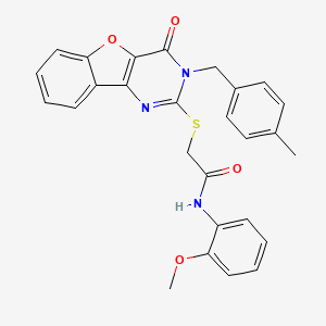 molecular formula C27H23N3O4S B2492636 N-(2-methoxyphenyl)-2-[[3-[(4-methylphenyl)methyl]-4-oxo-[1]benzofuro[3,2-d]pyrimidin-2-yl]sulfanyl]acetamide CAS No. 866846-07-3