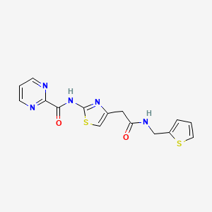 molecular formula C15H13N5O2S2 B2492641 N-(4-(2-氧代-2-((噻吩-2-基甲基)氨基)乙基)噻唑-2-基)嘧啶-2-甲酰胺 CAS No. 1286718-73-7