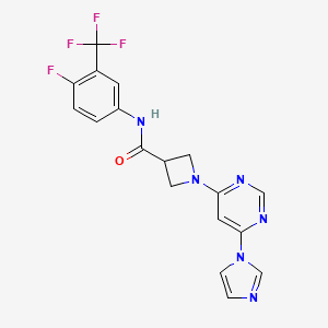 molecular formula C18H14F4N6O B2492678 1-(6-(1H-咪唑-1-基)嘧啶-4-基)-N-(4-氟-3-(三氟甲基)苯基)氮杂环丁烷-3-甲酰胺 CAS No. 2034620-60-3