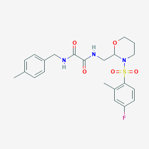 molecular formula C22H26FN3O5S B2492685 N1-((3-((4-fluoro-2-methylphenyl)sulfonyl)-1,3-oxazinan-2-yl)methyl)-N2-(4-methylbenzyl)oxalamide CAS No. 872987-01-4