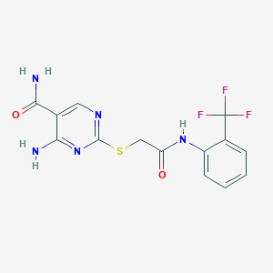 molecular formula C14H12F3N5O2S B2492686 4-Amino-2-((2-oxo-2-((2-(trifluoromethyl)phenyl)amino)ethyl)thio)pyrimidine-5-carboxamide CAS No. 2309805-75-0