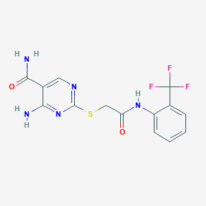 molecular formula C14H12F3N5O2S B2492686 4-Amino-2-((2-Oxo-2-((2-(Trifluormethyl)phenyl)amino)ethyl)thio)pyrimidin-5-carboxamid CAS No. 2309805-75-0