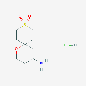 molecular formula C9H18ClNO3S B2492689 9,9-Dioxo-1-oxa-9λ⁶-thiaspiro[5.5]undecan-4-amine; chlorhydrate CAS No. 2253639-03-9