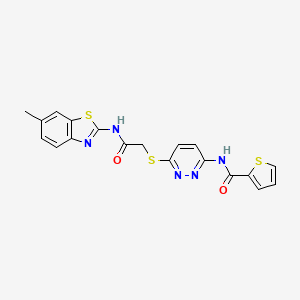 molecular formula C19H15N5O2S3 B2492703 N-(6-((2-((6-甲基苯并[thiazol-2-yl]氨基)-2-氧代乙基)硫代)吡啶并[3-yl]硫代)-2-基)噻吩-2-甲酰胺 CAS No. 1021107-54-9