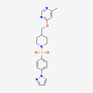 molecular formula C20H23N5O3S B2492704 4-((1-((4-(1H-pyrazol-1-yl)phenyl)sulfonyl)piperidin-4-yl)methoxy)-6-methylpyrimidine CAS No. 2320472-97-5