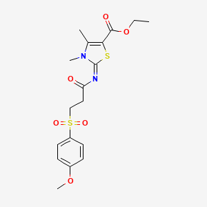 molecular formula C18H22N2O6S2 B2492737 (E)-乙酸2-((3-((4-甲氧基苯基)磺酰)丙酰亚胺)-3,4-二甲基-2,3-二氢噻唑-5-甲酸酯 CAS No. 1006989-15-6