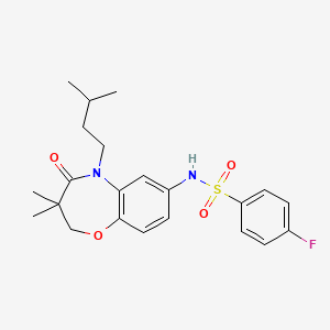 molecular formula C22H27FN2O4S B2492754 4-fluoro-N-(5-isopentyl-3,3-dimethyl-4-oxo-2,3,4,5-tetrahydrobenzo[b][1,4]oxazepin-7-yl)benzenesulfonamide CAS No. 922058-68-2
