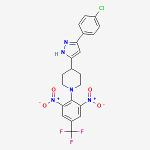 molecular formula C21H17ClF3N5O4 B2492764 4-[5-(4-chlorophenyl)-1H-pyrazol-3-yl]-1-[2,6-dinitro-4-(trifluoromethyl)phenyl]piperidine CAS No. 1026080-33-0