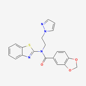 molecular formula C20H16N4O3S B2492783 N-(2-(1H-pyrazol-1-yl)ethyl)-N-(benzo[d]thiazol-2-yl)benzo[d][1,3]dioxole-5-carboxamide CAS No. 1170452-31-9