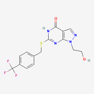 molecular formula C15H13F3N4O2S B2492815 1-(2-hydroxyethyl)-6-((4-(trifluoromethyl)benzyl)thio)-1H-pyrazolo[3,4-d]pyrimidin-4(5H)-one CAS No. 946255-24-9