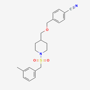 molecular formula C22H26N2O3S B2492817 4-(((1-((3-Methylbenzyl)sulfonyl)piperidin-4-yl)methoxy)methyl)benzonitrile CAS No. 1396880-02-6