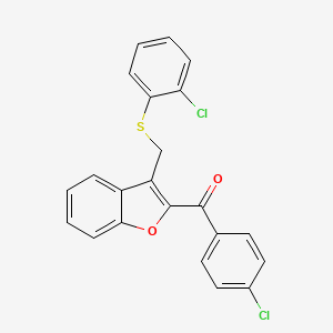 molecular formula C22H14Cl2O2S B2492823 (4-Chlorophenyl)(3-{[(2-chlorophenyl)sulfanyl]methyl}-1-benzofuran-2-yl)methanone CAS No. 338424-02-5