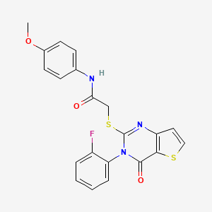 molecular formula C21H16FN3O3S2 B2492831 2-{[3-(2-fluorophenyl)-4-oxo-3,4-dihydrothieno[3,2-d]pyrimidin-2-yl]sulfanyl}-N-(4-methoxyphenyl)acetamide CAS No. 1260991-22-7