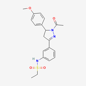 molecular formula C20H23N3O4S B2492839 1-Acetyl-3-{3-[(ethylsulfonyl)amino]phenyl}-5-(4-methoxyphenyl)-2-pyrazoline CAS No. 852141-57-2