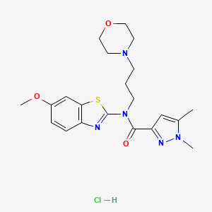 molecular formula C21H28ClN5O3S B2492858 N-(6-methoxybenzo[d]thiazol-2-yl)-1,5-dimethyl-N-(3-morpholinopropyl)-1H-pyrazole-3-carboxamide hydrochloride CAS No. 1217080-32-4
