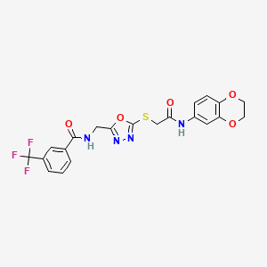 molecular formula C21H17F3N4O5S B2492940 N-((5-((2-((2,3-dihydrobenzo[b][1,4]dioxin-6-yl)amino)-2-oxoethyl)thio)-1,3,4-oxadiazol-2-yl)methyl)-3-(trifluoromethyl)benzamide CAS No. 872620-67-2