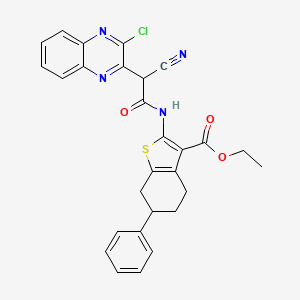 molecular formula C28H23ClN4O3S B2492985 Ethyl 2-[[2-(3-chloroquinoxalin-2-yl)-2-cyanoacetyl]amino]-6-phenyl-4,5,6,7-tetrahydro-1-benzothiophene-3-carboxylate CAS No. 723332-08-9