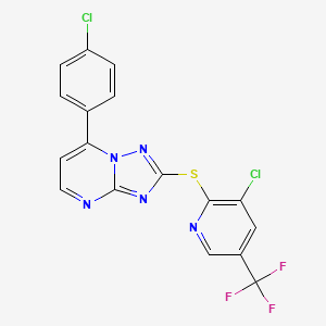 molecular formula C17H8Cl2F3N5S B2493035 7-(4-Chlorophenyl)-2-[[3-chloro-5-(trifluoromethyl)-2-pyridinyl]thio]-[1,2,4]triazolo[1,5-a]pyrimidine CAS No. 251096-58-9