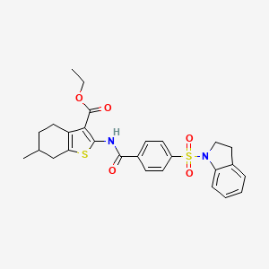 molecular formula C27H28N2O5S2 B2493090 Ethyl 2-(4-(indolin-1-ylsulfonyl)benzamido)-6-methyl-4,5,6,7-tetrahydrobenzo[b]thiophene-3-carboxylate CAS No. 476641-22-2