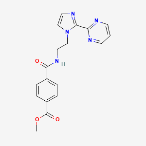molecular formula C18H17N5O3 B2493111 甲酸甲酯4-((2-(2-(嘧啶-2-基)-1H-咪唑-1-基)乙基)氨基甲酰)苯甲酯 CAS No. 1448027-52-8