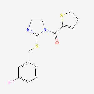 molecular formula C15H13FN2OS2 B2493132 (2-((3-fluorobenzyl)thio)-4,5-dihydro-1H-imidazol-1-yl)(thiophen-2-yl)methanone CAS No. 851865-44-6