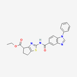 molecular formula C23H20N4O3S B2493143 ethyl 2-(1-phenyl-1H-benzo[d]imidazole-5-carboxamido)-5,6-dihydro-4H-cyclopenta[d]thiazole-4-carboxylate CAS No. 1203161-22-1
