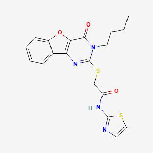 molecular formula C19H18N4O3S2 B2493153 2-((3-butyl-4-oxo-3,4-dihydrobenzofuro[3,2-d]pyrimidin-2-yl)thio)-N-(thiazol-2-yl)acetamide CAS No. 899982-26-4