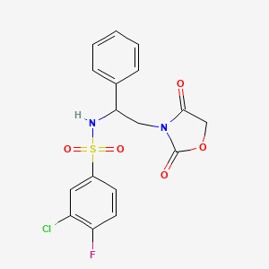 molecular formula C17H14ClFN2O5S B2493167 3-chloro-N-(2-(2,4-dioxooxazolidin-3-yl)-1-phenylethyl)-4-fluorobenzenesulfonamide CAS No. 2034546-86-4