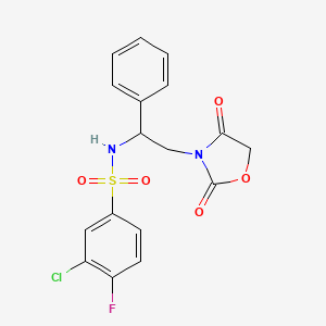 molecular formula C17H14ClFN2O5S B2493167 3-氯-N-(2-(2,4-二氧代噁唑啉-3-基)-1-苯基乙基)-4-氟苯磺酰胺 CAS No. 2034546-86-4