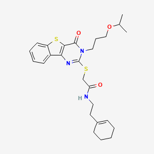 molecular formula C26H33N3O3S2 B2493184 N-(2-cyclohex-1-en-1-ylethyl)-2-{[3-(3-isopropoxypropyl)-4-oxo-3,4-dihydro[1]benzothieno[3,2-d]pyrimidin-2-yl]thio}acetamide CAS No. 865655-26-1
