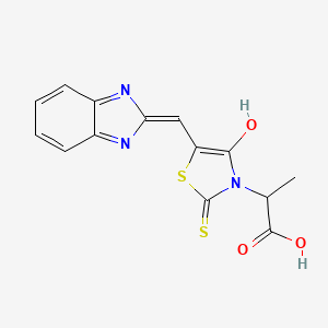 molecular formula C14H11N3O3S2 B2493193 (Z)-2-(5-((1H-benzo[d]imidazol-2-yl)methylene)-4-oxo-2-thioxothiazolidin-3-yl)propanoic acid CAS No. 854002-60-1
