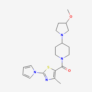 molecular formula C19H26N4O2S B2493221 (4-(3-methoxypyrrolidin-1-yl)piperidin-1-yl)(4-methyl-2-(1H-pyrrol-1-yl)thiazol-5-yl)methanone CAS No. 2309312-76-1