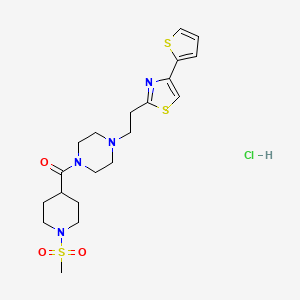 molecular formula C20H29ClN4O3S3 B2493231 (1-(Methylsulfonyl)piperidin-4-yl)(4-(2-(4-(thiophen-2-yl)thiazol-2-yl)ethyl)piperazin-1-yl)methanone hydrochloride CAS No. 2034613-30-2