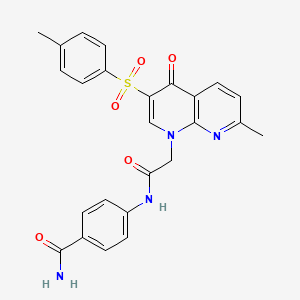 molecular formula C25H22N4O5S B2493267 4-(2-(7-甲基-4-氧代-3-对甲苯磺酰-1,8-萘啶-1(4H)-基)乙酰氨基)苯甲酰胺 CAS No. 1242897-95-5