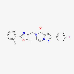 molecular formula C24H19FN4O2 B2493278 2-(4-fluorophenyl)-5-((5-methyl-2-(o-tolyl)oxazol-4-yl)methyl)pyrazolo[1,5-a]pyrazin-4(5H)-one CAS No. 1358377-56-6
