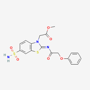 molecular formula C18H17N3O6S2 B2493306 Methyl 2-[2-(2-phenoxyacetyl)imino-6-sulfamoyl-1,3-benzothiazol-3-yl]acetate CAS No. 865199-46-8