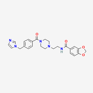 molecular formula C25H27N5O4 B2493318 N-(2-(4-(4-((1H-imidazol-1-yl)methyl)benzoyl)piperazin-1-yl)ethyl)benzo[d][1,3]dioxole-5-carboxamide CAS No. 1219913-19-5