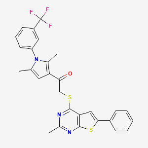molecular formula C28H22F3N3OS2 B2493330 1-(2,5-dimethyl-1-(3-(trifluoromethyl)phenyl)-1H-pyrrol-3-yl)-2-((2-methyl-6-phenylthieno[2,3-d]pyrimidin-4-yl)thio)ethanone CAS No. 379236-08-5