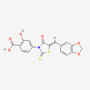 molecular formula C18H11NO6S2 B2493361 (Z)-4-(5-(benzo[d][1,3]dioxol-5-ylmethylene)-4-oxo-2-thioxothiazolidin-3-yl)-2-hydroxybenzoic acid CAS No. 872696-45-2
