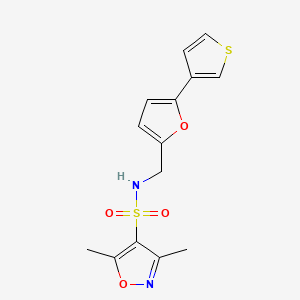 molecular formula C14H14N2O4S2 B2493364 3,5-dimethyl-N-((5-(thiophen-3-yl)furan-2-yl)methyl)isoxazole-4-sulfonamide CAS No. 2034340-62-8