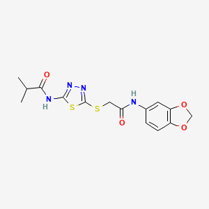 molecular formula C15H16N4O4S2 B2493408 N-(5-((2-(benzo[d][1,3]dioxol-5-ylamino)-2-oxoethyl)thio)-1,3,4-thiadiazol-2-yl)isobutyramide CAS No. 868972-73-0