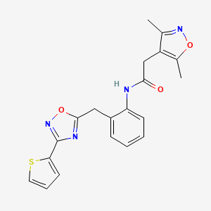 molecular formula C20H18N4O3S B2493435 2-(3,5-dimethylisoxazol-4-yl)-N-(2-((3-(thiophen-2-yl)-1,2,4-oxadiazol-5-yl)methyl)phenyl)acetamide CAS No. 1705523-61-0