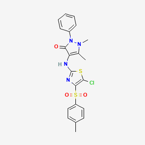 molecular formula C21H19ClN4O3S2 B2493497 4-((5-chloro-4-tosylthiazol-2-yl)amino)-1,5-dimethyl-2-phenyl-1H-pyrazol-3(2H)-one CAS No. 315242-56-9