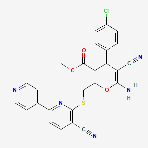 molecular formula C27H20ClN5O3S B2493499 ethyl 6-amino-4-(4-chlorophenyl)-5-cyano-2-[(3-cyano-6-pyridin-4-ylpyridin-2-yl)sulfanylmethyl]-4H-pyran-3-carboxylate CAS No. 352662-78-3