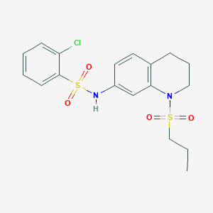 molecular formula C18H21ClN2O4S2 B2493532 2-chloro-N-(1-(propylsulfonyl)-1,2,3,4-tetrahydroquinolin-7-yl)benzenesulfonamide CAS No. 946300-82-9