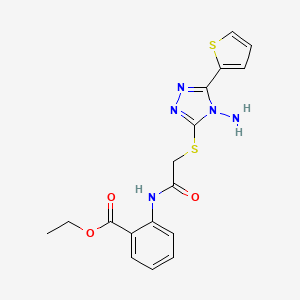 molecular formula C17H17N5O3S2 B2493547 Ethyl 2-[[2-[(4-amino-5-thiophen-2-yl-1,2,4-triazol-3-yl)sulfanyl]acetyl]amino]benzoate CAS No. 941936-91-0