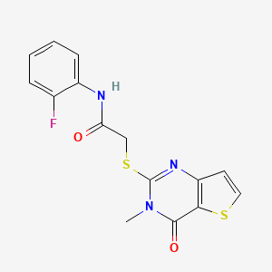 molecular formula C15H12FN3O2S2 B2493549 N-(2-fluorophenyl)-2-((3-methyl-4-oxo-3,4-dihydrothieno[3,2-d]pyrimidin-2-yl)thio)acetamide CAS No. 1252919-49-5