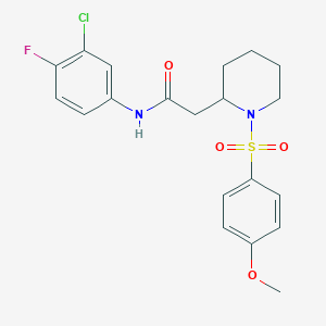 molecular formula C20H22ClFN2O4S B2493555 N-(3-chloro-4-fluorophenyl)-2-(1-((4-methoxyphenyl)sulfonyl)piperidin-2-yl)acetamide CAS No. 941911-27-9