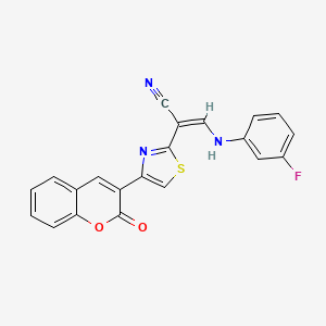 molecular formula C21H12FN3O2S B2493601 (Z)-3-((3-fluorophenyl)amino)-2-(4-(2-oxo-2H-chromen-3-yl)thiazol-2-yl)acrylonitrile CAS No. 374696-43-2