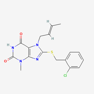 molecular formula C17H17ClN4O2S B2493640 7-[(E)-but-2-enyl]-8-[(2-chlorophenyl)methylsulfanyl]-3-methylpurine-2,6-dione CAS No. 306733-01-7